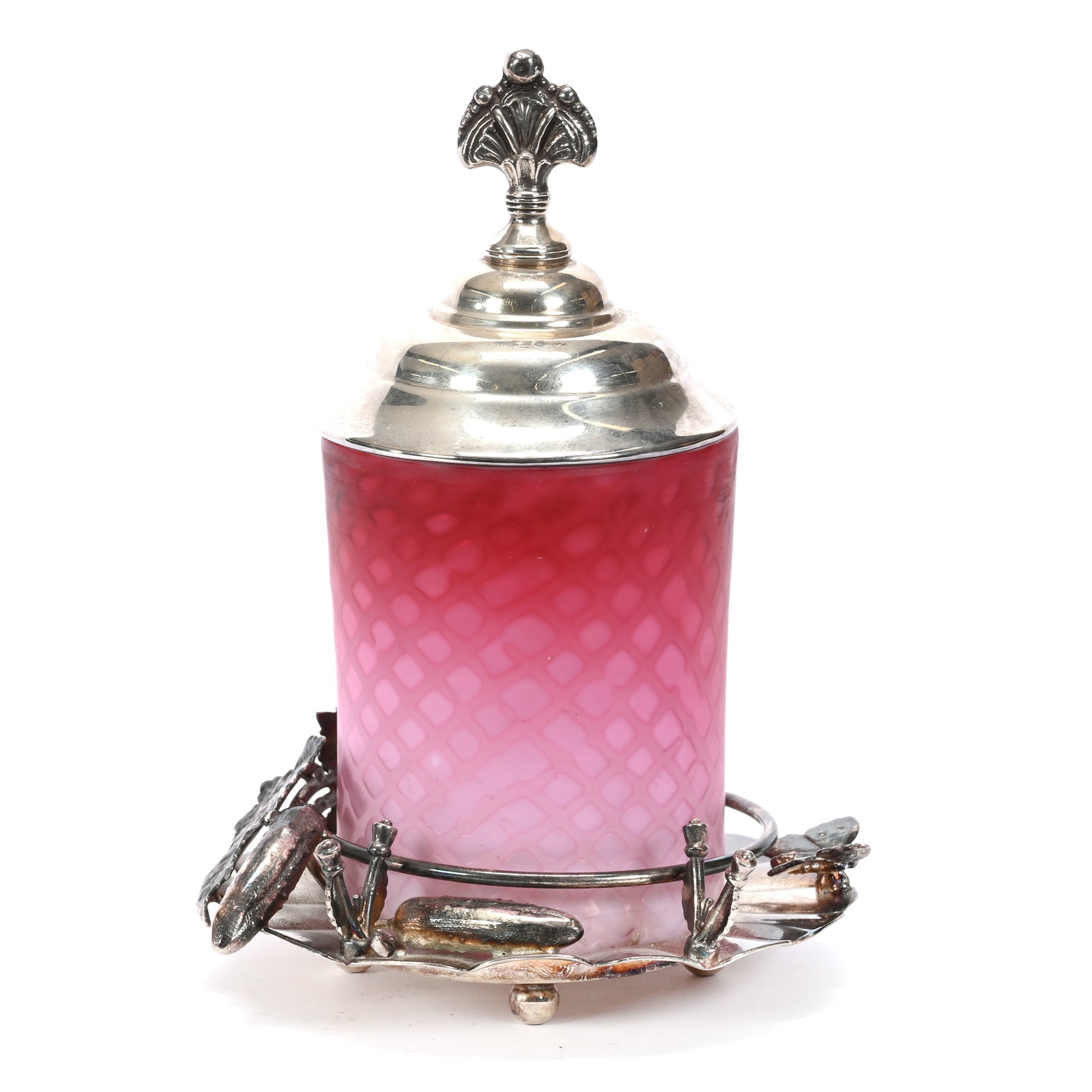 Victorian Pickle Castor: Victorian Pickle Castor, 7.75" x 5.5", Rose Satin MOP Diamond Quilted Art Glass Insert, Set On Derby #147 Silverplate Stand With Cucumber Design, Ron Blessing Estate, Nebraska.