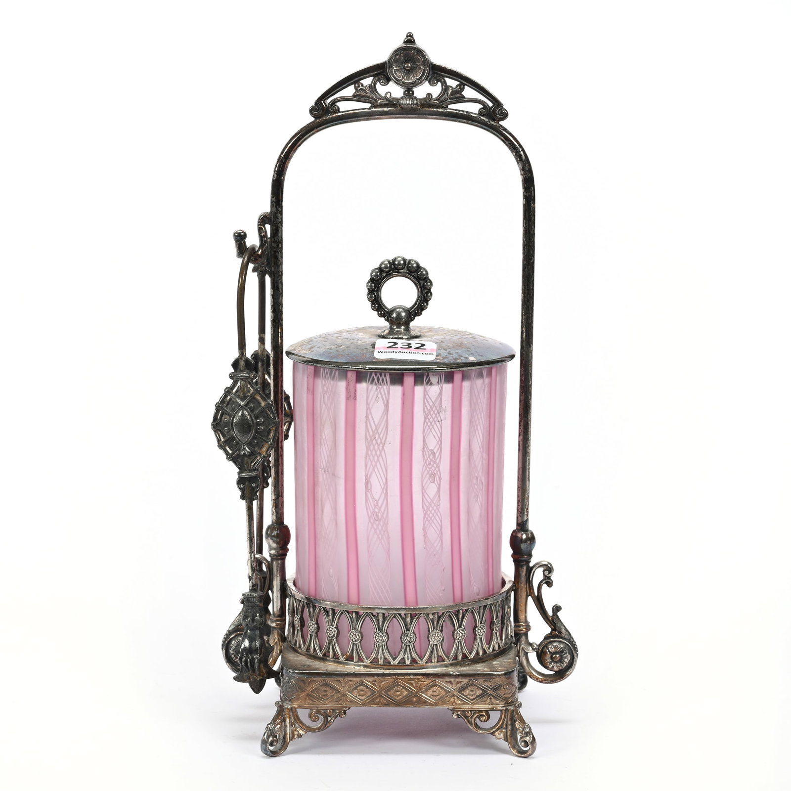 Victorian Pickle Castor: Victorian Pickle Castor, 10.5" x 5.5", Pink And White Latticino Art Glass Insert, Set On Tufts #2364 Silverplate Frame, Ron Blessing Estate, Nebraska.