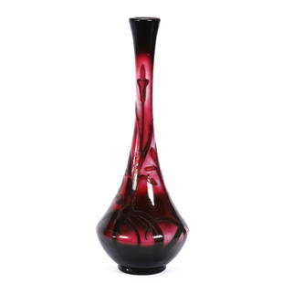 Vase, Signed Daum Nancy French Cameo Art Glass: Vase, Signed Daum Nancy French Cameo Art Glass, 19.75" x 7", White Ground W/ Dark Red And Green Cameo Carved Floral Design - Fire Polished - This Vase Is Genuine Daum From The Turn Of The Century - Th