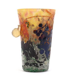 Vase, Signed Daum Nancy French Cameo Art Glass: Vase, Signed Daum Nancy French Cameo Art Glass, 5.25" x 3.25", Yellow And Lavender Mottled Ground W/ Multi-Color Carved Cameo Overlay Of Vintage Decor, Applied Carved Snail - This Vase Is Genuine Daum