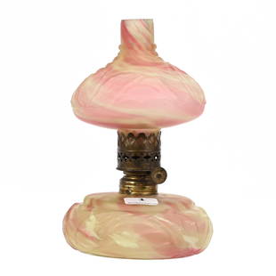 Miniature Kerosene Lamp: Miniature Kerosene Lamp, 6.25" x 4", Leaf Mold Design Attributed To Northwood, Cranberry And White Opal Swirl Art Glass, Illinois Private Collection