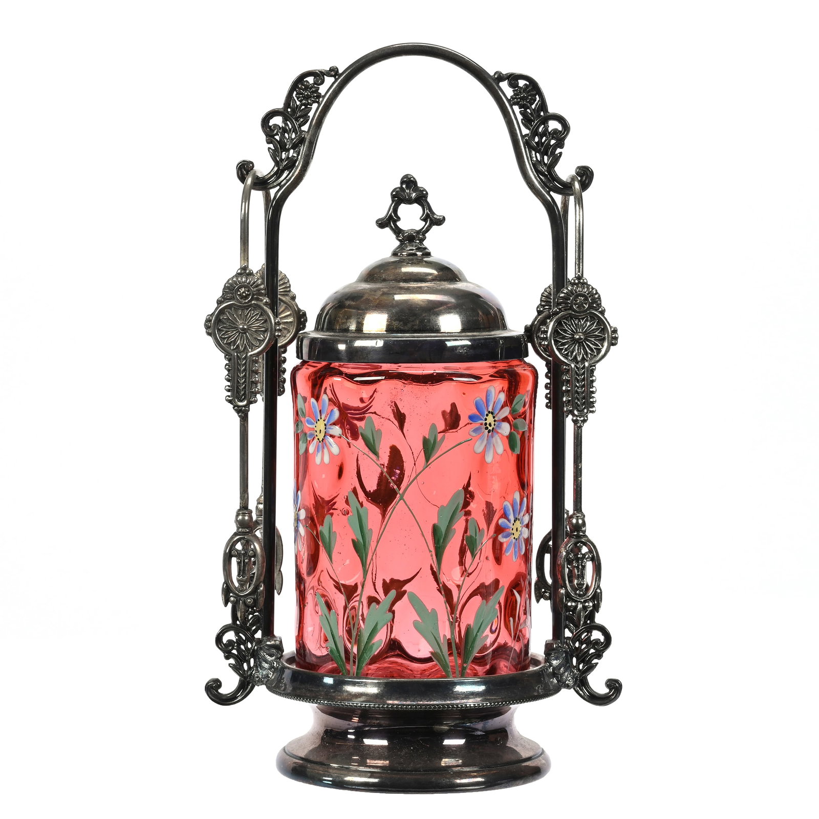 Victorian Pickle Castor: Victorian Pickle Castor, 10" x 5.75", Cranberry Coinspot Art Glass Insert, Enamel Daisy Decor, Light Rim Chips, Set On Reed & Barton #1685 Silverplate Frame, Fred Zumthurn Collection