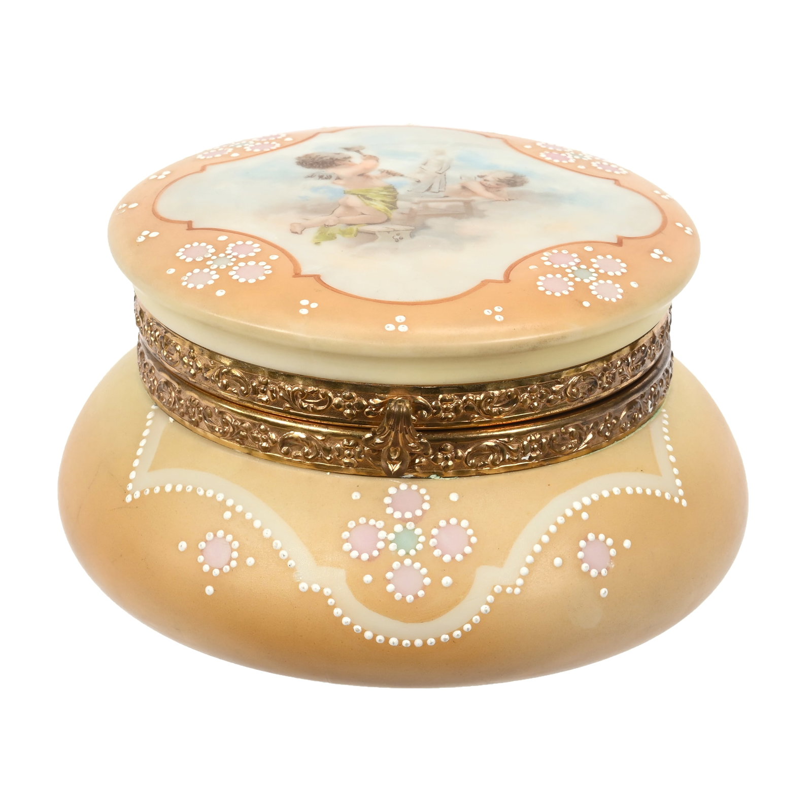 Jewel Box Marked Nakara: Jewel Box Marked Nakara, 3.5" x 6", Pink And Yellow Tones, Scene Of Cherub Sculpting, Enamel Highlights, Wendell & Mildred Armstrong Collection, Virginia