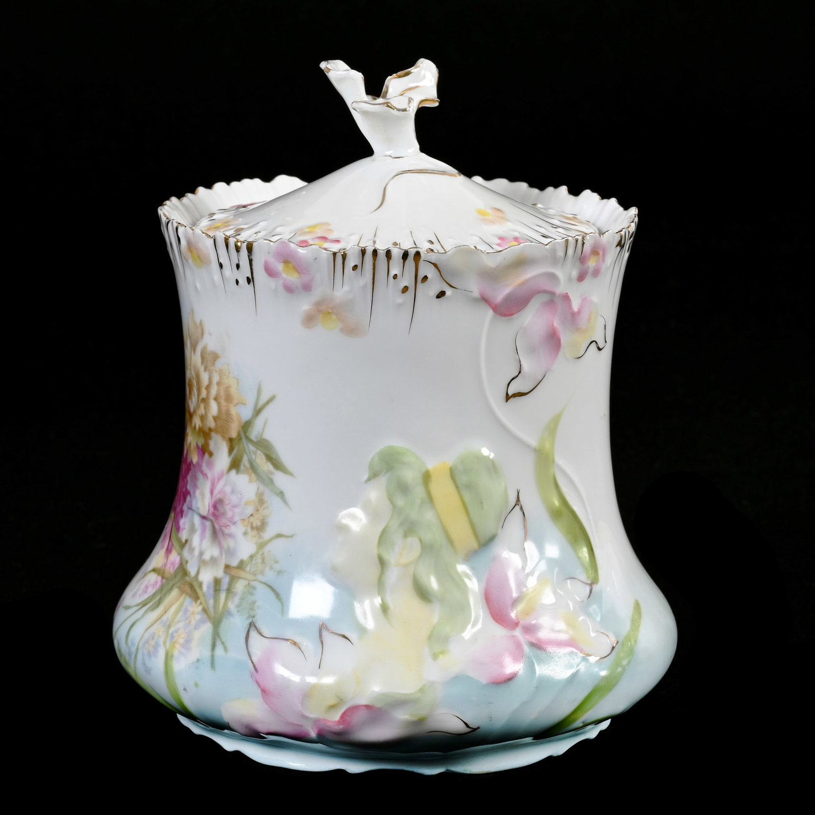 Biscuit Jar, Unmarked R.S. Prussia, Hidden Image Mold: Biscuit Jar, Unmarked R.S. Prussia, Hidden Image Mold, 7.25" x 6", Blue And White Tones, Wild Floral Decor, Minor Firing Separation Near Finial, Fred Zumthurn Collection