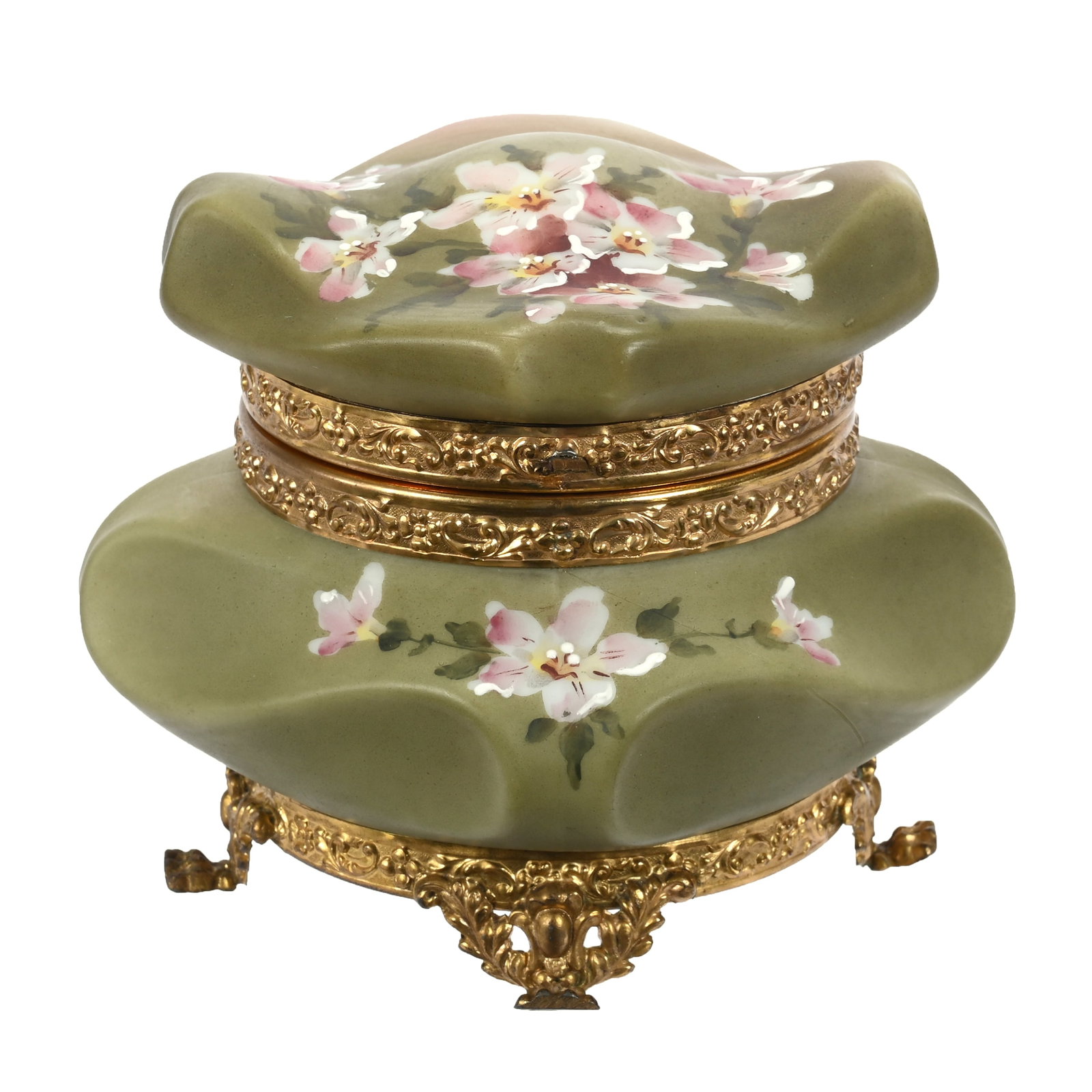 Jewel Box Marked Nakara: Jewel Box Marked Nakara, 4.5" x 5.5", Bishop's Hat Mold, Green And Pink Tones, Floral Decor, Original Lining, Missing Clasp, Wendell & Mildred Armstrong Collection, Virginia