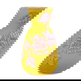 Vase, Unmarked English Cameo Art Glass: Vase, Unmarked English Cameo Art Glass, 5.25" x 3", Yellow Ground With White And Pink Cameo Cutback Overlay, Branch, Blossom And Butterfly Decor, Illinois Private Collection