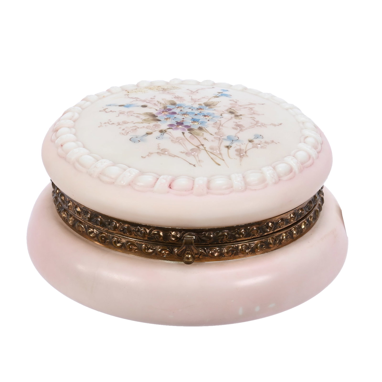 Dresser Box, Wave Crest Stamp Mark: Dresser Box, Wave Crest Stamp Mark, 3.75" x 7.5", Braided Rope Mold, Pink Tones, Blue Floral Decor, Wendell & Mildred Armstrong Collection, Virginia