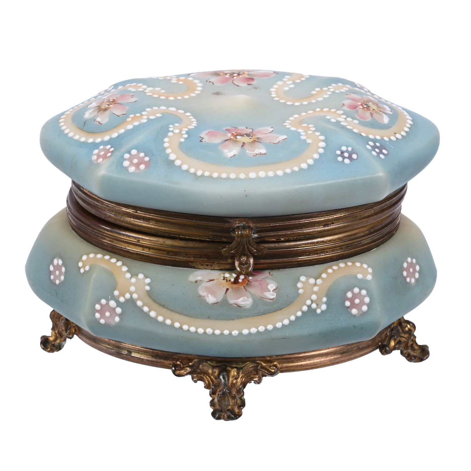 Oval Jewel Box Marked Nakara: Oval Jewel Box Marked Nakara, 3.5" x 5.5", Blue And Cream Tones, Pink Floral Decor, White Enamel Highlights, Wendell & Mildred Armstrong Collection, Virginia