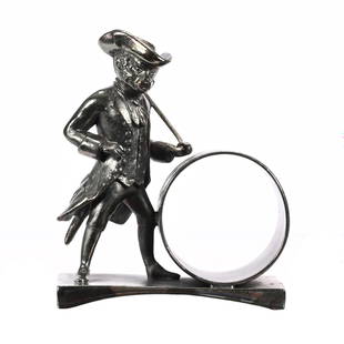 Victorian Figural Napkin Ring, Silverplate: Victorian Figural Napkin Ring, Silverplate, 3.75" x 3.25", Marked Middletown #72, Monkey In Colonial Outfit With Tri-Corner Hat, Holding Cane, Fred Zumthurn Collection