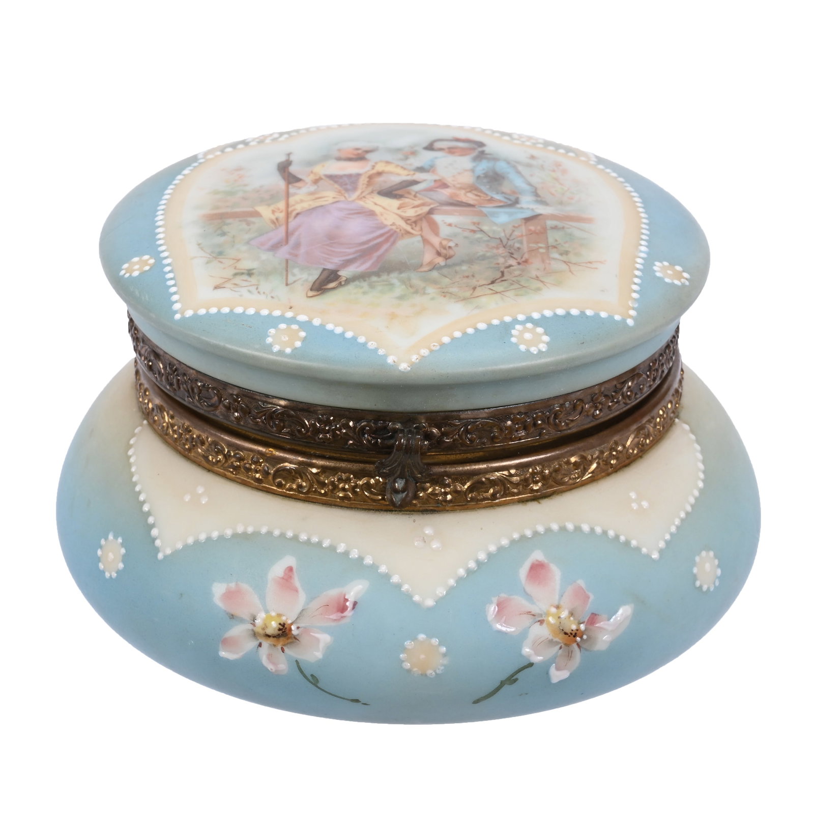 Jewel Box Marked Nakara: Jewel Box Marked Nakara, 3.5" x 6", Blue And Cream Tones, Classic Courting Scene Decor, White Enamel Beaded Highlights, Wendell & Mildred Armstrong Collection, Virginia