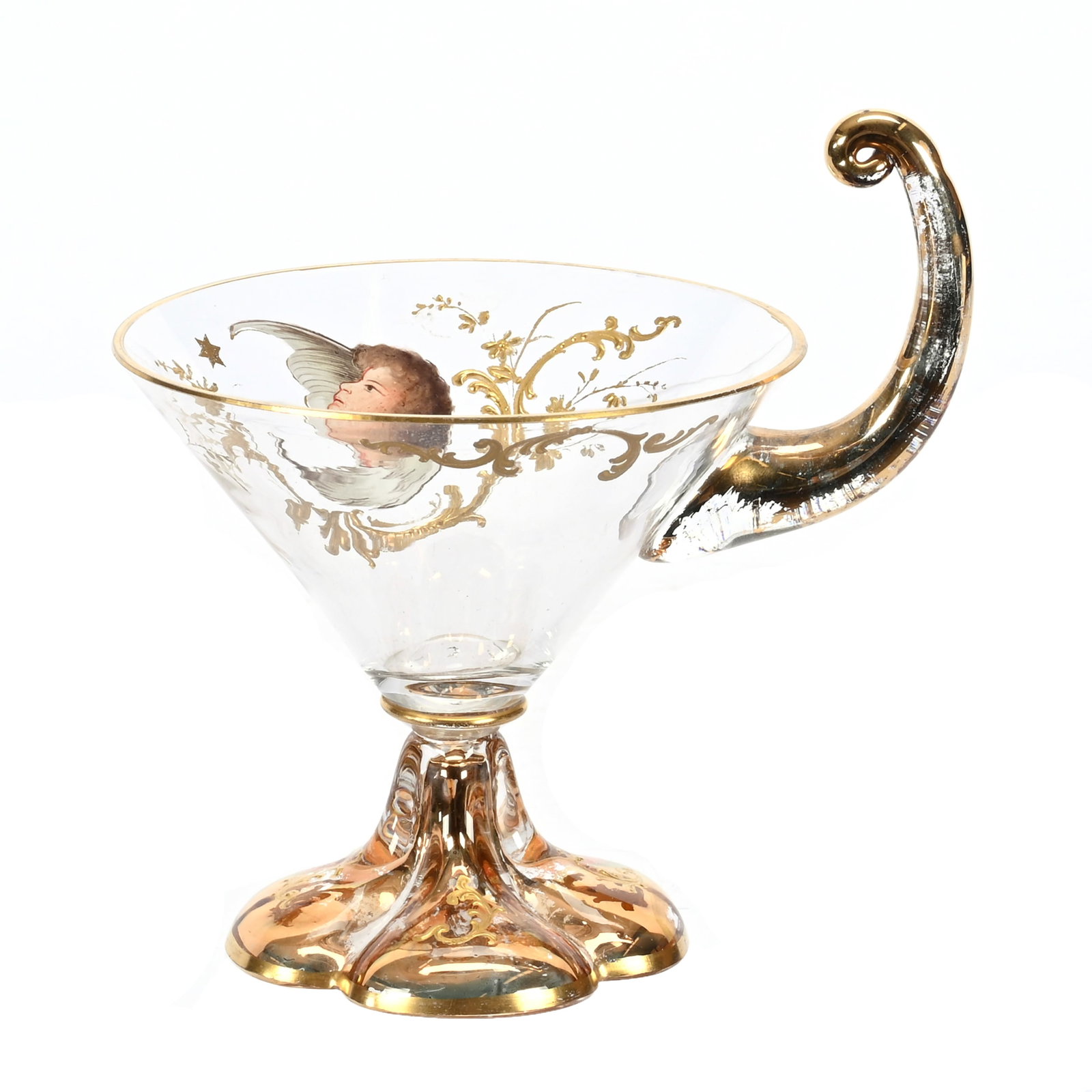 Handled Stem, Clear W/Enamel Cherub & Scroll Design: Handled Stem, Clear W/Enamel Cherub & Scroll Design, 4.5" x 4.5", Tusk Shaped Handle, Gold Scalloped Foot, Bohemian Art Glass, Small Chip On Scallop, Massachusetts Private Family Collection