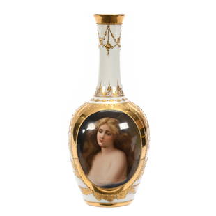 Vase Marked Beehive Royal Vienna Austria, Portrait Decor: Vase Marked Beehive Royal Vienna Austria, Portrait Decor, 6.5" x 2.75", White With Heavy Gold Highlights, Hand Painted Portrait Of Young Woman, Artist Signed Wagner, Fred Zumthurn Collection