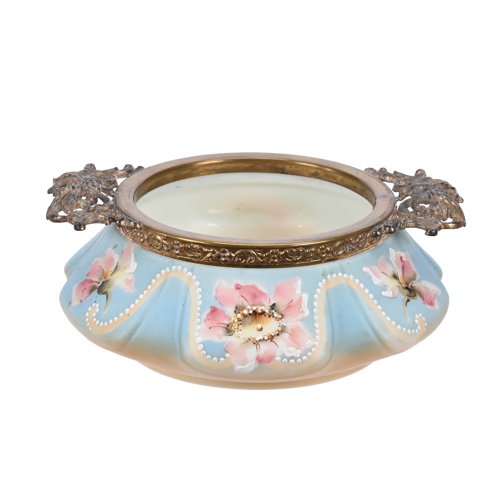 Open Bonbon Marked Nakara: Open Bonbon Marked Nakara, 2.5" x 6.5", Two Handles, Blue And Peach Tones With Pink Floral Decor, Enamel Highlights, Crown Mold, Wendell & Mildred Armstrong Collection, Virginia