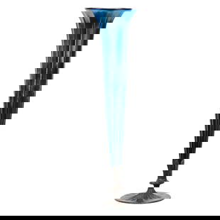 Trumpet Vase, Contemporary Art Glass Signed Lundberg: Trumpet Vase, Contemporary Art Glass Signed Lundberg, 20.5" x 5.25", Dated 1991, Blue Iridescence With Ribbed Body, Bronze Mounted Base, Model #050558, Kansas Private Collection