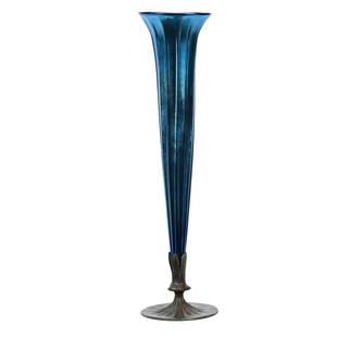 Trumpet Vase, Contemporary Art Glass Signed Lundberg: Trumpet Vase, Contemporary Art Glass Signed Lundberg, 20.5" x 5.25", Dated 1991, Blue Iridescence With Ribbed Body, Bronze Mounted Base, Model #050558, Kansas Private Collection