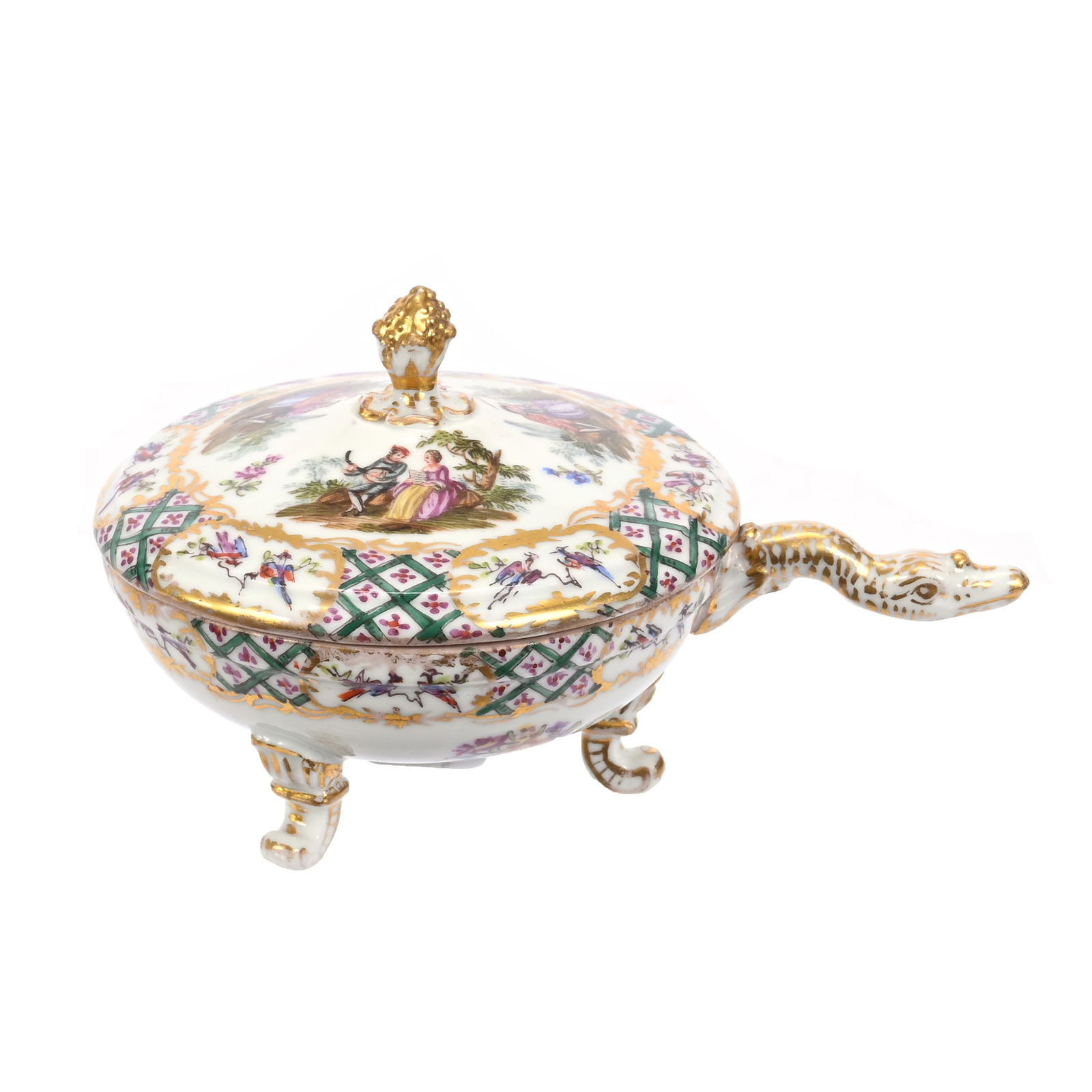 Covered Boullion Cup Marked By Carl Thieme: Covered Boullion Cup Marked By Carl Thieme, 3" x 5.25", Meissen Style With Figural Goose Head Handle, White With Colorful Courting Scenes, Green Lattice And Gold Stencil Highlights, Three Feet, David