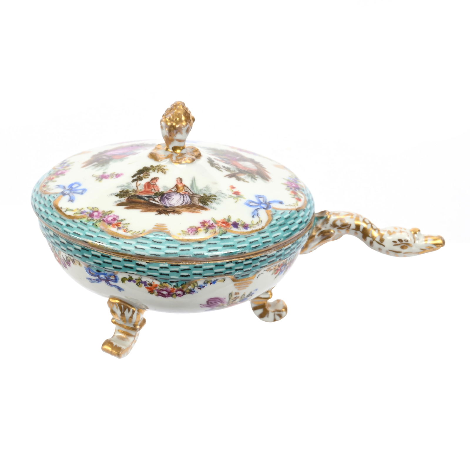 Covered Boullion Cup Marked By Carl Thieme: Covered Boullion Cup Marked By Carl Thieme, 3" x 5.25", Meissen Style With Figural Goose Head Handle, White With Colorful Courting Scenes, Blue Bows And Green Weave And Gold Stencil Highlights, Three