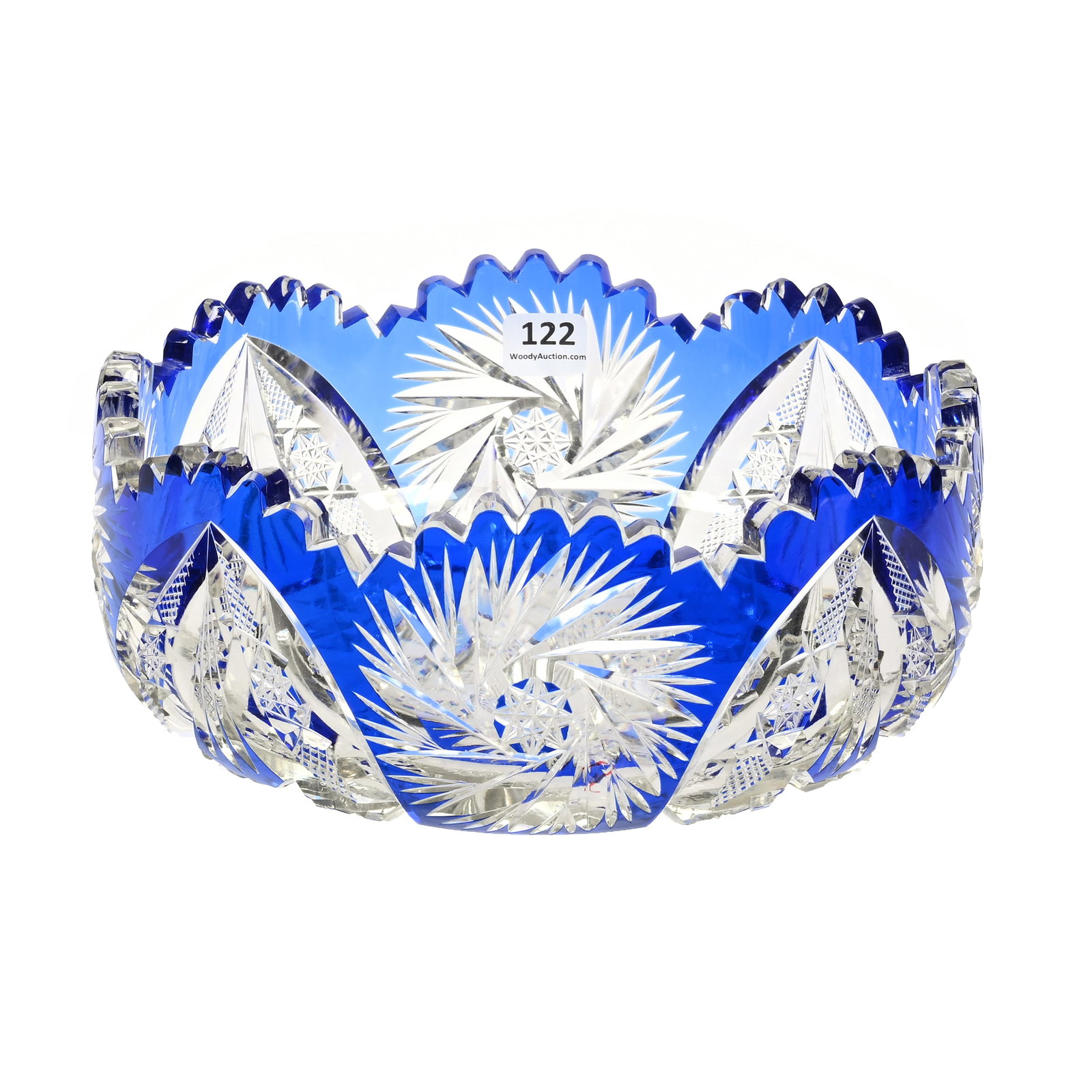 Bowl, Brilliant Period Cut Glass, Blue Cut To Clear: Bowl, Brilliant Period Cut Glass, Blue Cut To Clear, 3.75" x 8.5", Attributed To Val St. Lambert, Pinwheel, Vesica, Hobstar, Strawberry Diamond And Fan Motif, Massachusetts Private Family Collection. 