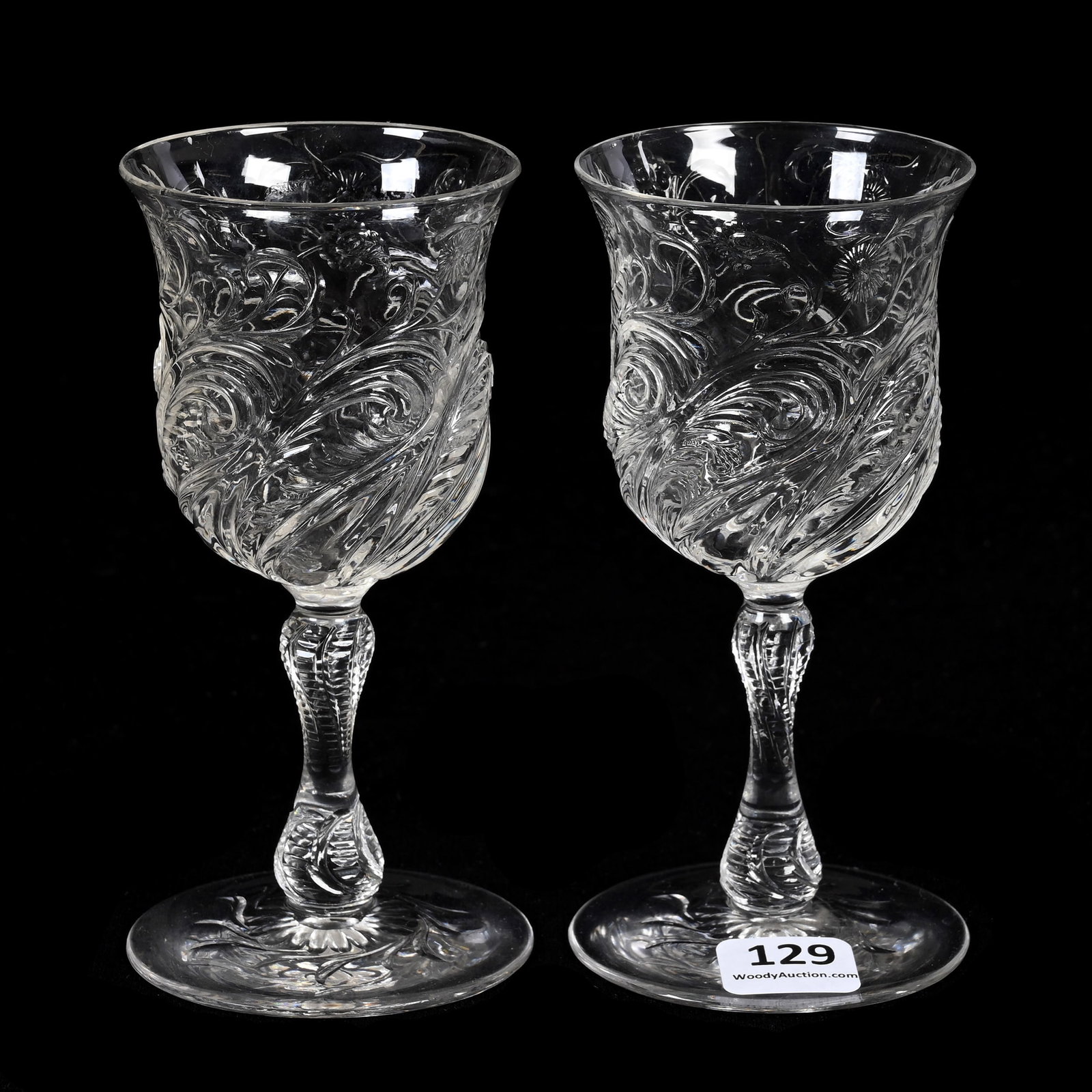 Pair Wine Stems, Rock Crystal Attributed To Webb: Pair Wine Stems, Rock Crystal Attributed To Webb, 5.25" x 2.5", Beautifully Engraved Floral With Swirled Tusk Design, Pattern Cut Stem And Foot, David M. Shaw Collection, Nebraska