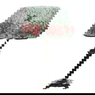 Table Lamp Marked Pairpoint, Puffy Reverse Painted: Table Lamp Marked Pairpoint, Puffy Reverse Painted, 25" x 16", Beautiful Green And White Ground With Red Roses And Hummingbird Design, Devonshire Shade Marked Pairpoint Corp, Base Marked Pairpoint B30