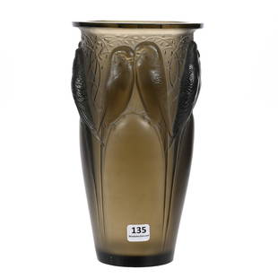 Vase Signed R. Lalique France 905 Ceylan Design: Vase Signed R. Lalique France 905 Ceylan Design, 9.5" x 5.25", Also Known As Huitperruches (Eight Parrots), Rare Smoke Color, Circa 1924, Kansas Private Collection