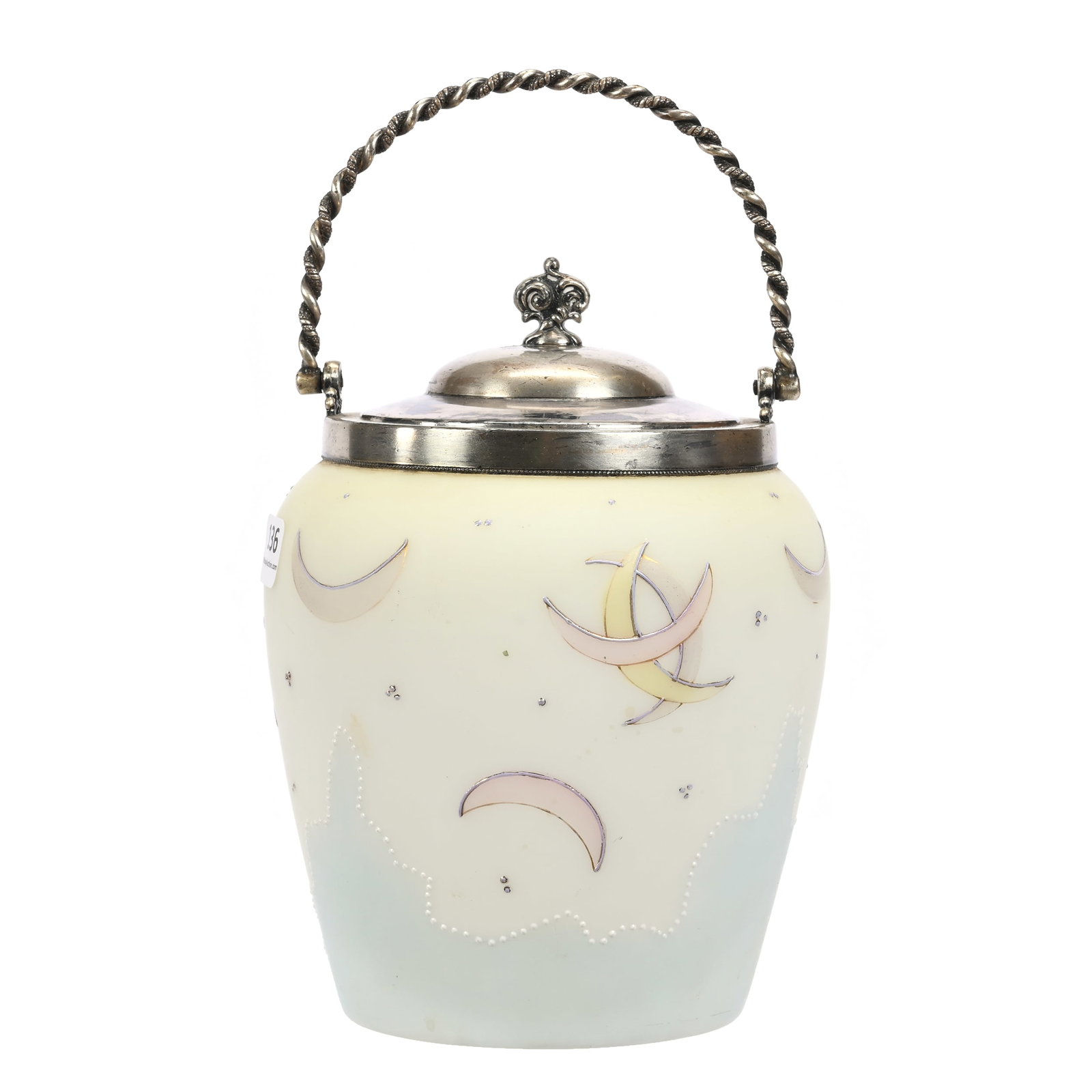 Biscuit Jar, Unmarked Wave Crest: Biscuit Jar, Unmarked Wave Crest, 7.5" x 5.5", Yellow And Blue Tones, Crescent Moon And Star Decor, Silverplate Lid And Bail, Wendell & Mildred Armstrong Collection, Virginia