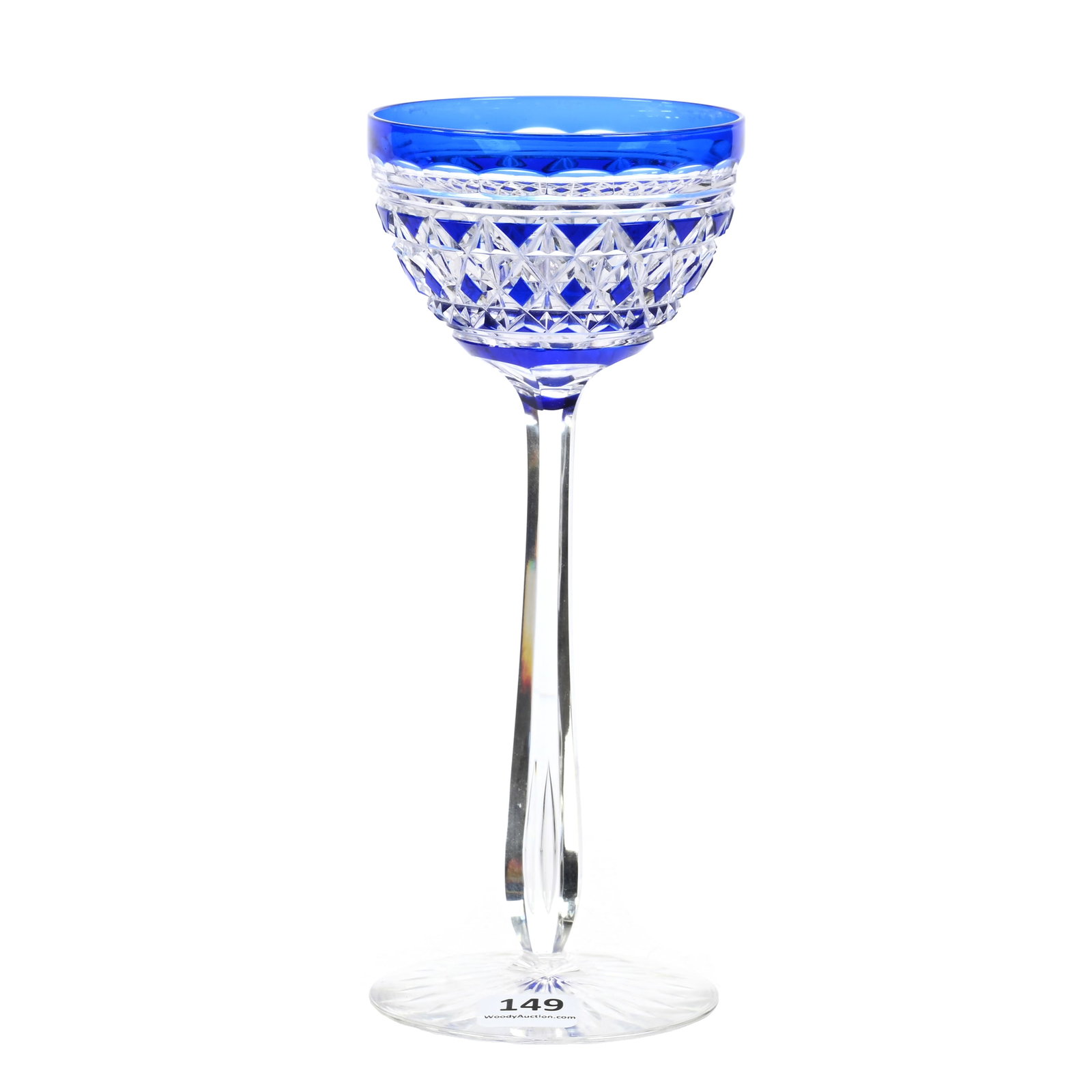 Wine Stem, BPCG, Blue Cut To Clear: Wine Stem, Brilliant Period Cut Glass, Blue Cut To Clear, 8" x 3.25", Carlton Pattern By Val St. Lambert, Circa 1925, Ray Cut Foot, Massachusetts Private Family Collection