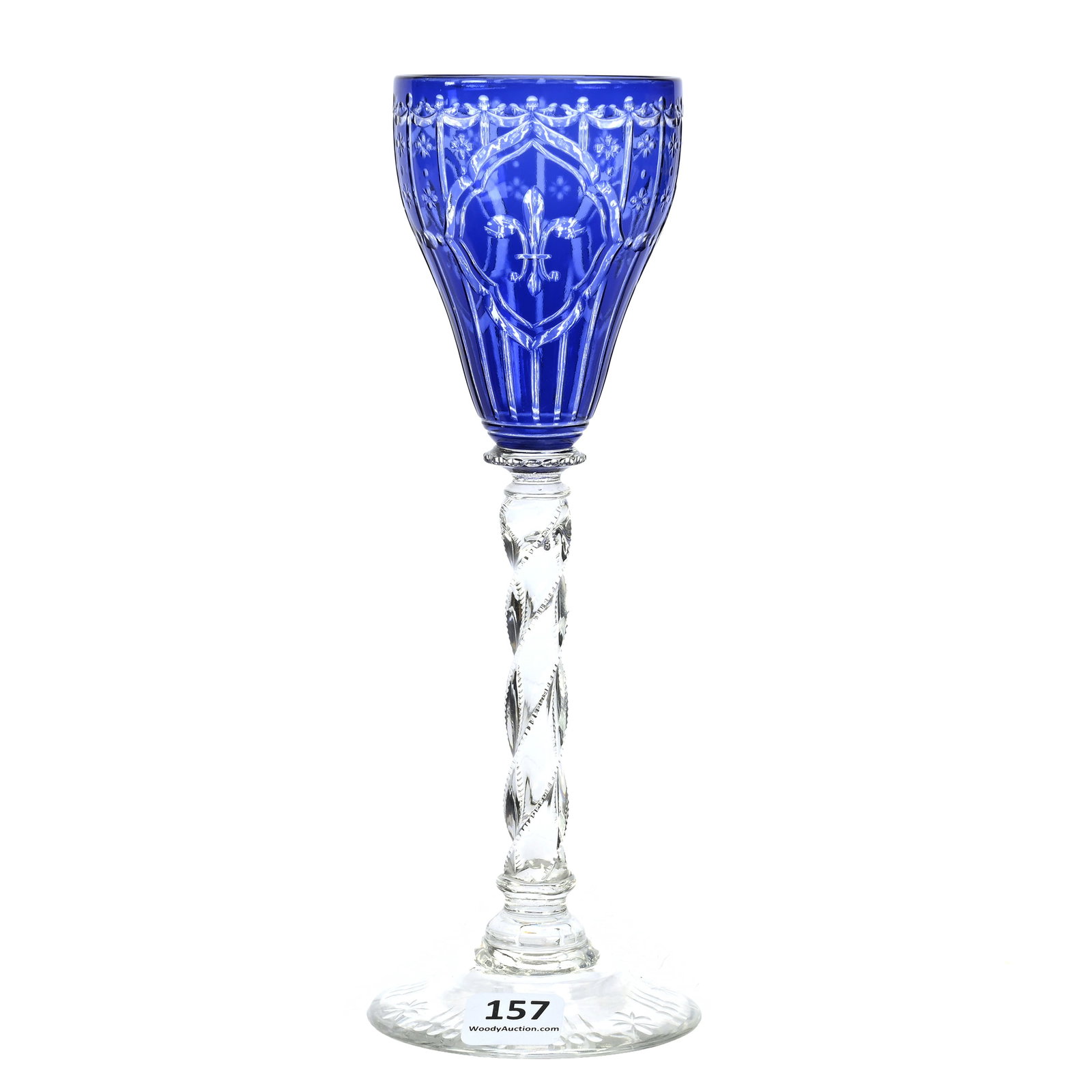 Wine Stem, BPCG, Amethyst Cut To Clear: Wine Stem, Brilliant Period Cut Glass, Amethyst Cut To Clear, 8.5" x 3", Fleur De Lys Medallion Design, Notched Spiral Cut Stem, Base Nick, Massachusetts Private Family Collection. UPDATED: The Stem I