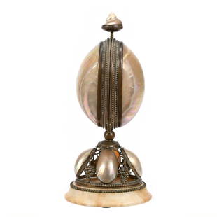 Victorian Mother Of Pearl Perfume Bottle Holder: Victorian Mother Of Pearl Perfume Bottle Holder, 10.5" x 5", Elaborate Shell Design With Push Release Which Opens Two Shells Revealing Four Bottles Held In Place, Currently Only Two Bottles Included,