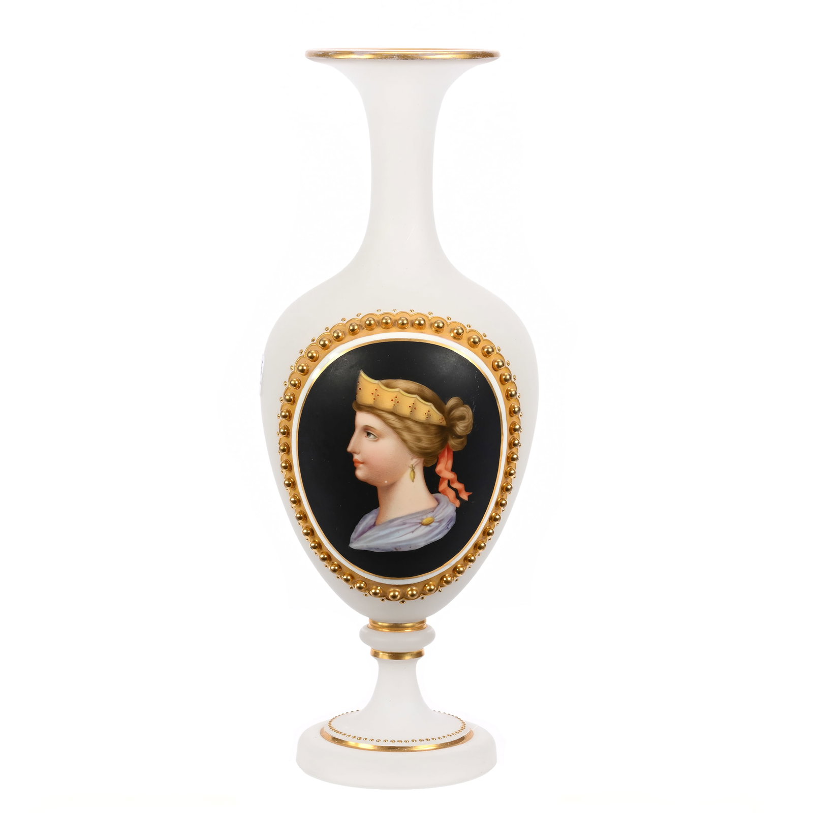 Pedestal Vase, Unmarked French Opaline Art Glass: Pedestal Vase, Unmarked French Opaline Art Glass, 12.5" x 4.75", Medallion Hand Painted Portrait Of Young Princess, Gold Beaded Jewel Highlights, Massachusetts Private Family Collection