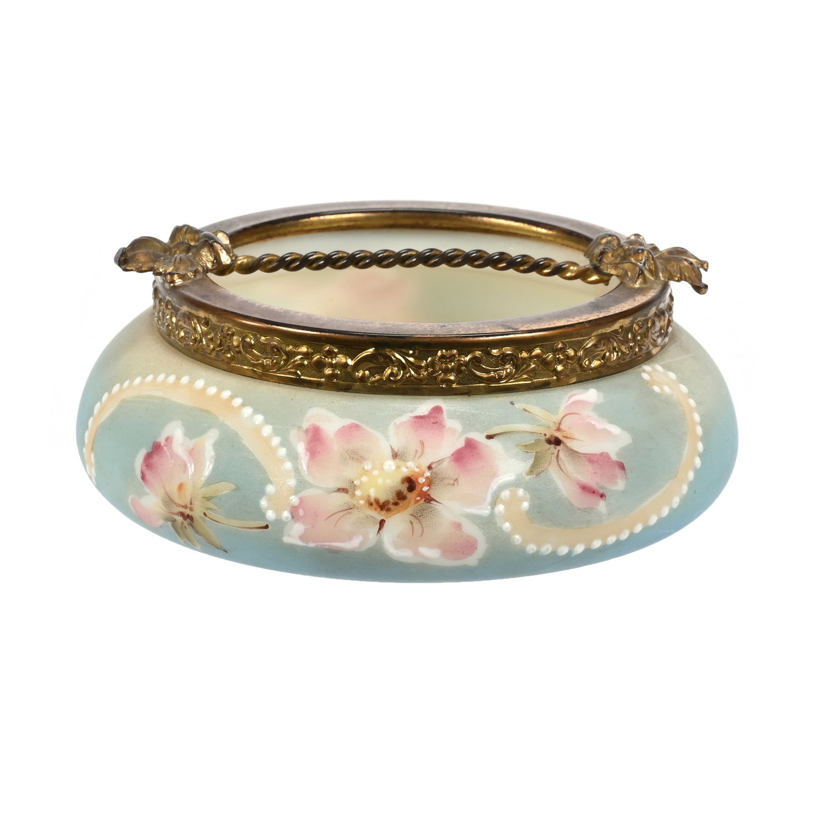 Ash Tray Marked Nakara: Ash Tray Marked Nakara, 1.75" x 4.5", Bue And Cream Tones, Pink Floral Decor, Wendell & Mildred Armstrong Collection, Virginia