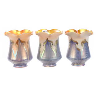 (3) Art Glass Light Shades Signed Quezal: (3) Art Glass Light Shades Signed Quezal, 5.5" x 4.5", White With Blue Pulled Feather Design, Gold Iridescent Interior, 2.125" Fitter Rim Opening, Betty Plottner Estate, Ks