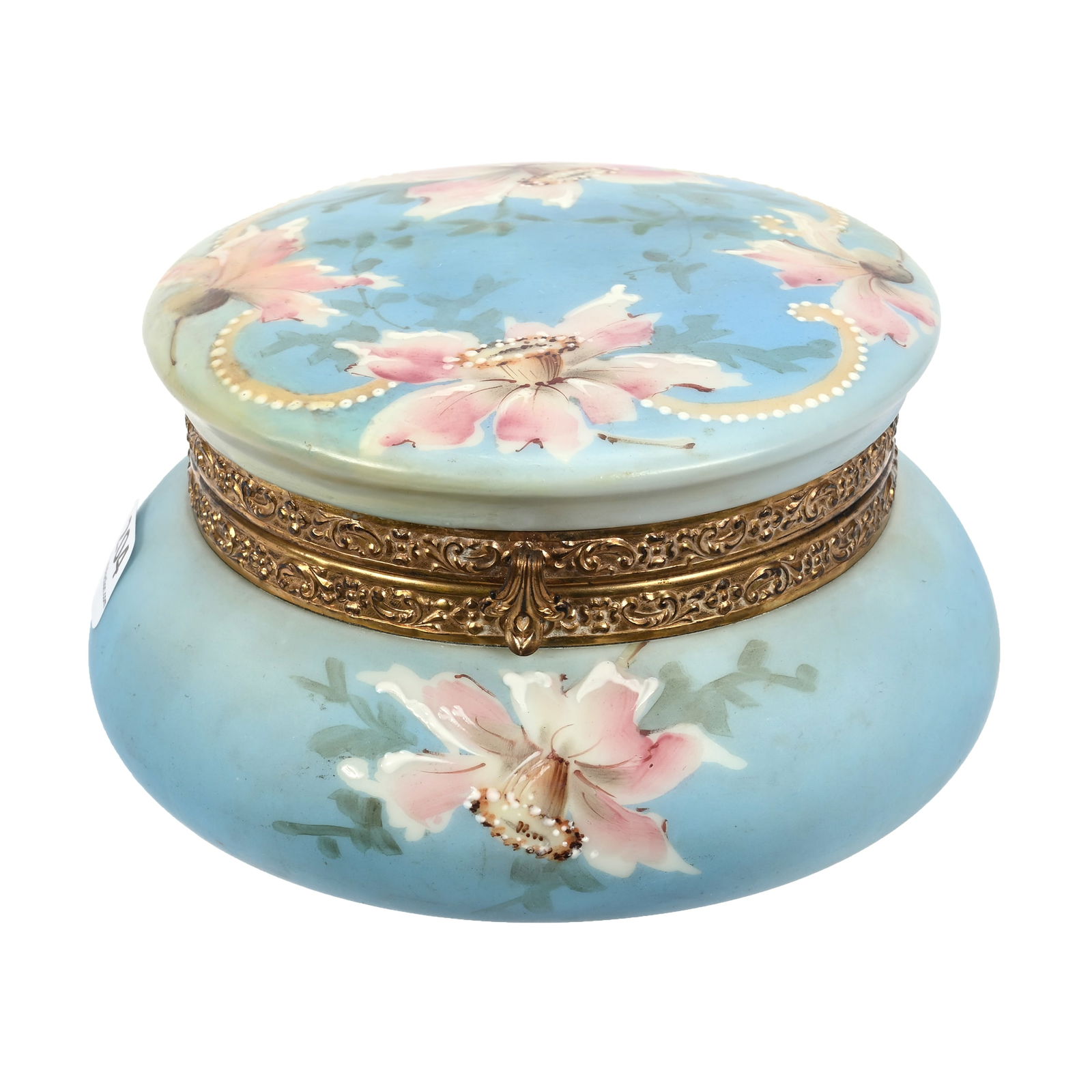 Jewel Box Marked Nakara: Jewel Box Marked Nakara, 3.5" x 6", Blue And Cream Tones, Pink Floral Decor, Beveled Mirror Inset Lid, Wendell & Mildred Armstrong Collection, Virginia