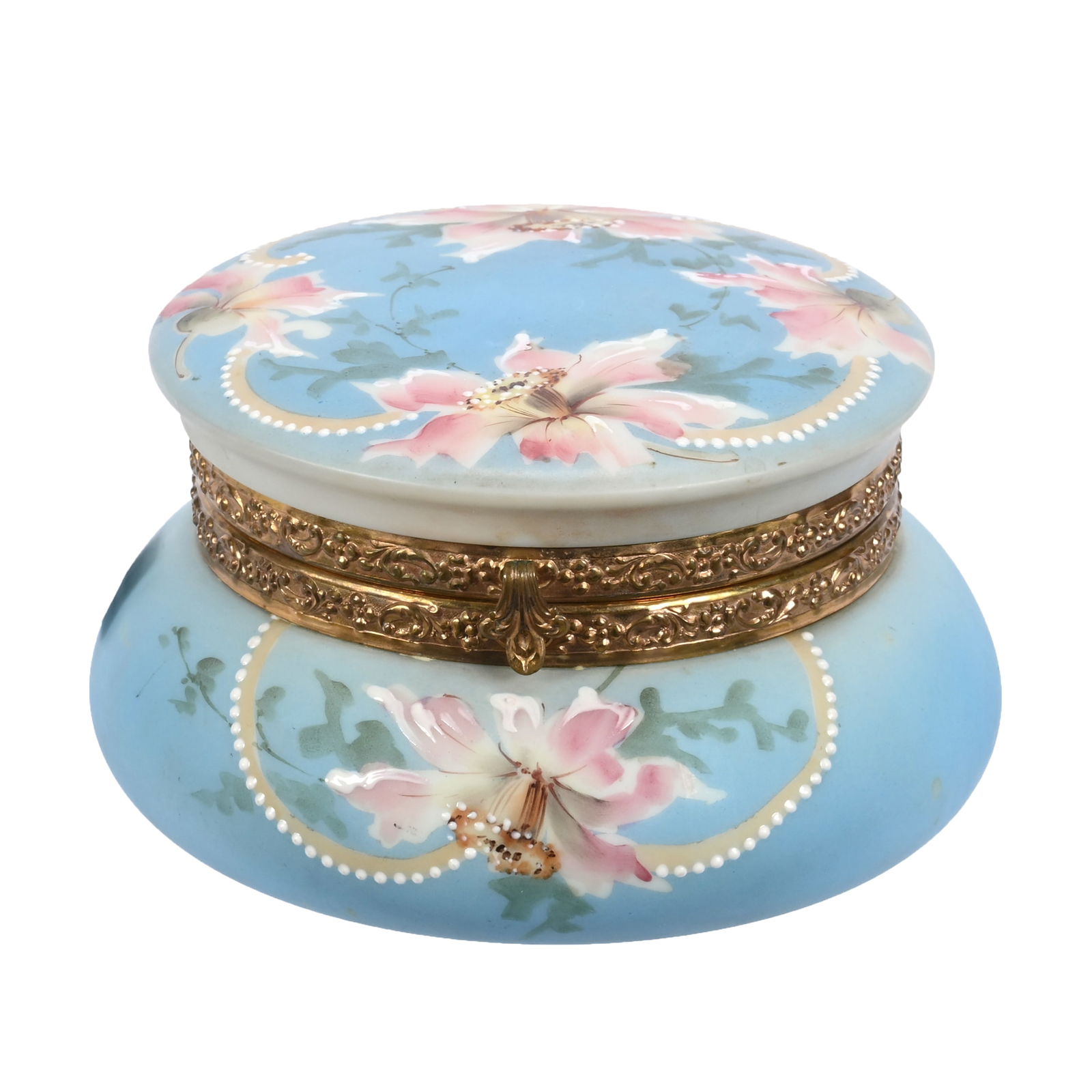 Jewel Box Marked Nakara: Jewel Box Marked Nakara, 3.5" x 6", Blue And Cream Tones, Pink Floral Decor, Beveled Mirror Inset Lid, Wendell & Mildred Armstrong Collection, Virginia
