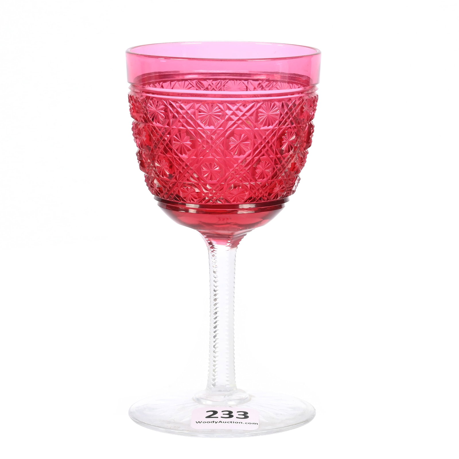 Wine Stem, BPCG, Solid Cased Cranberry Bowl: Wine Stem, Brilliant Period Cut Glass, Solid Cased Cranberry Bowl, 4.75" x 2.5", Clear Stem And Foot, Star Button And Miter Motif, David M. Shaw Collection, Nebraska