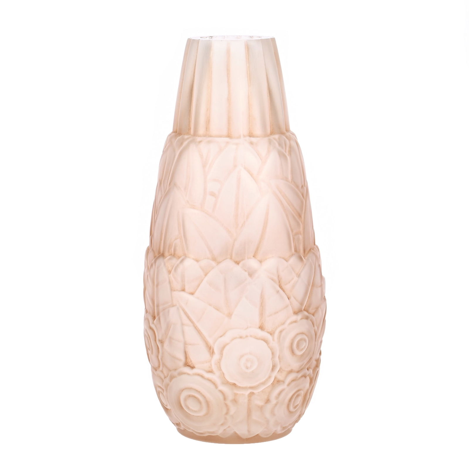 Vase Marked A. Hunebelle Made In France: Vase Marked A. Hunebelle Made In France, 6.25" x 3", Andre Hunebelle, Embossed Floral And Leaf Tiered Design, Frosted Glass With Brown Patina Highlights, Circa 1920's-1930's, Small Interior Rim Nick,