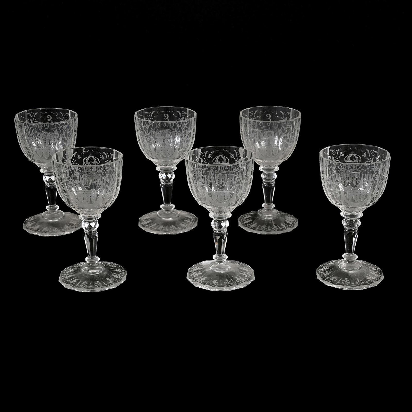 (6) Oval Wine Stems Signed Lobmyer Art Glass: (6) Oval Wine Stems Signed Lobmyer Art Glass, 5.5" x 3", Finely Engraved Scroll, Urn And Floral Design, David M. Shaw Collection, Nebraska