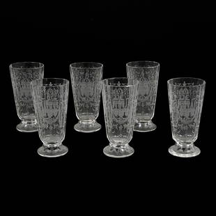 (6) Footed Glasses Signed Lobmyer Art Glass: (6) Footed Glasses Signed Lobmyer Art Glass, 6" x 3", Finely Engraved Scroll, Urn And Floral Design, David M. Shaw Collection, Nebraska