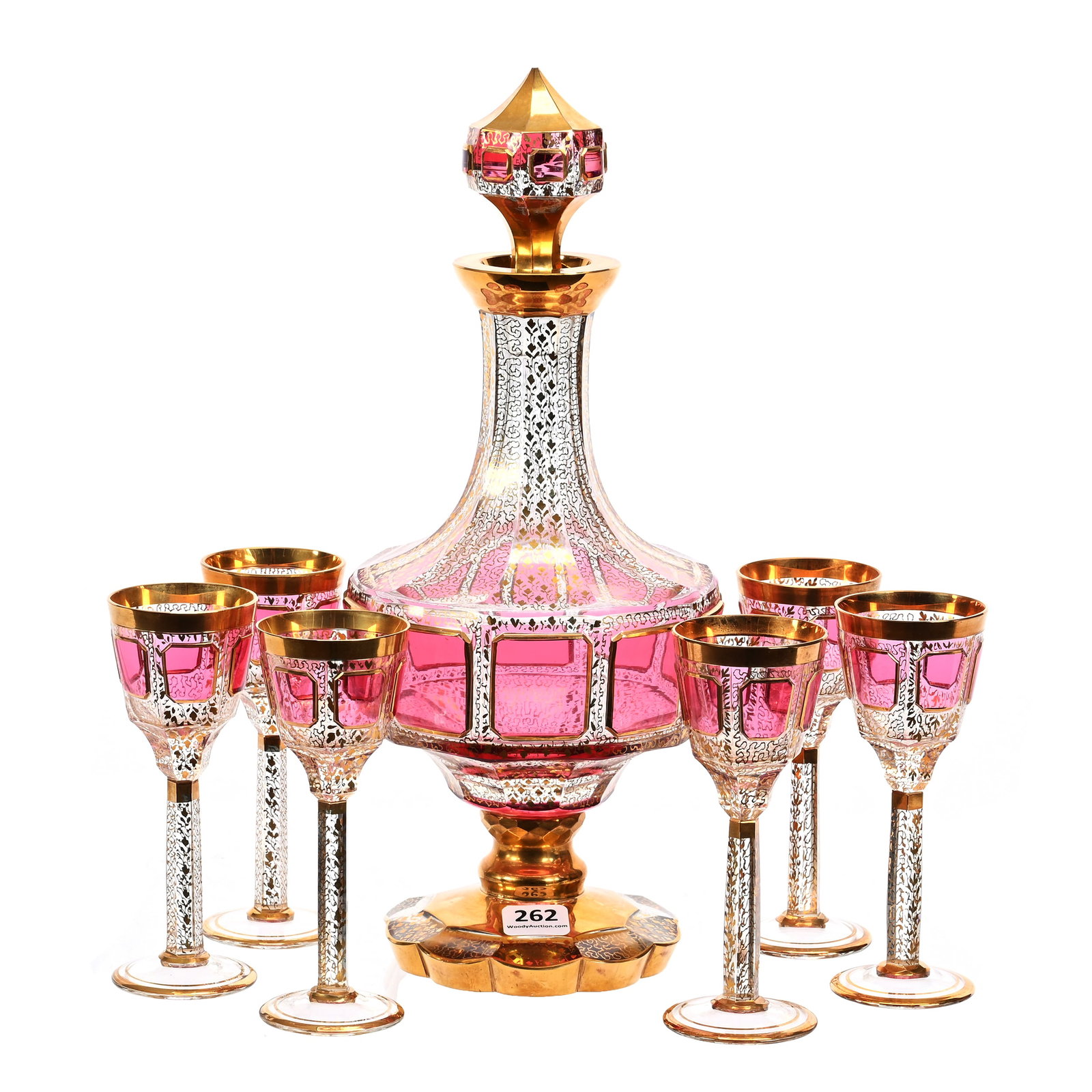 Pedestal Decanter Set, Moser Style With Cabochons: Pedestal Decanter Set, Moser Style With Cabochons, Cranberry Cabochons With Gold Stencil Highlights, (1) 12" X 5" Pedestal Decanter With (6) Matching 5.25" Wine Stems, Alabama Private Collection