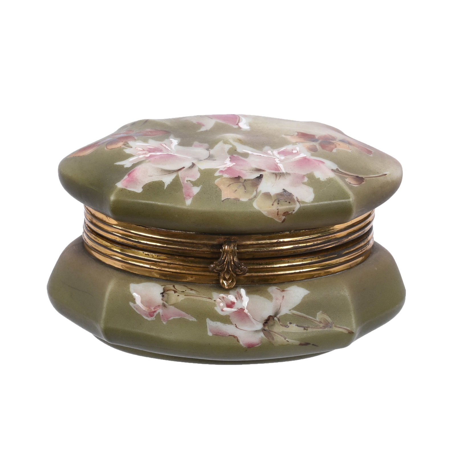 Oval Jewel Box Marked Nakara: Oval Jewel Box Marked Nakara, 3" x 5.5", Green Tones, Pink Rose Decor, Wendell & Mildred Armstrong Collection, Virginia