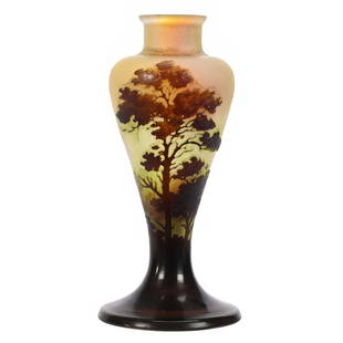 Vase Signed Galle French Cameo Art Glass: Vase Signed Galle French Cameo Art Glass, 6.5" x 3", White, Yellow And Green Tones With Cameo Carved Lake, Mountain And Tree Scenic Decor, Kansas Private Collection