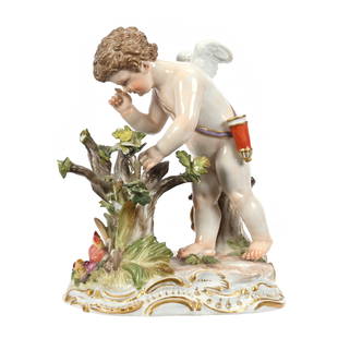 Figurine Marked Meissen #0187 (Blue Crossed Swords): Figurine Marked Meissen #0187 (Blue Crossed Swords), 4.5" x 3.5", Cherub Looking In Nest Holding Two Winged Flaming Hearts, Several Leaf Chips, David M. Shaw Collection, Nebraska