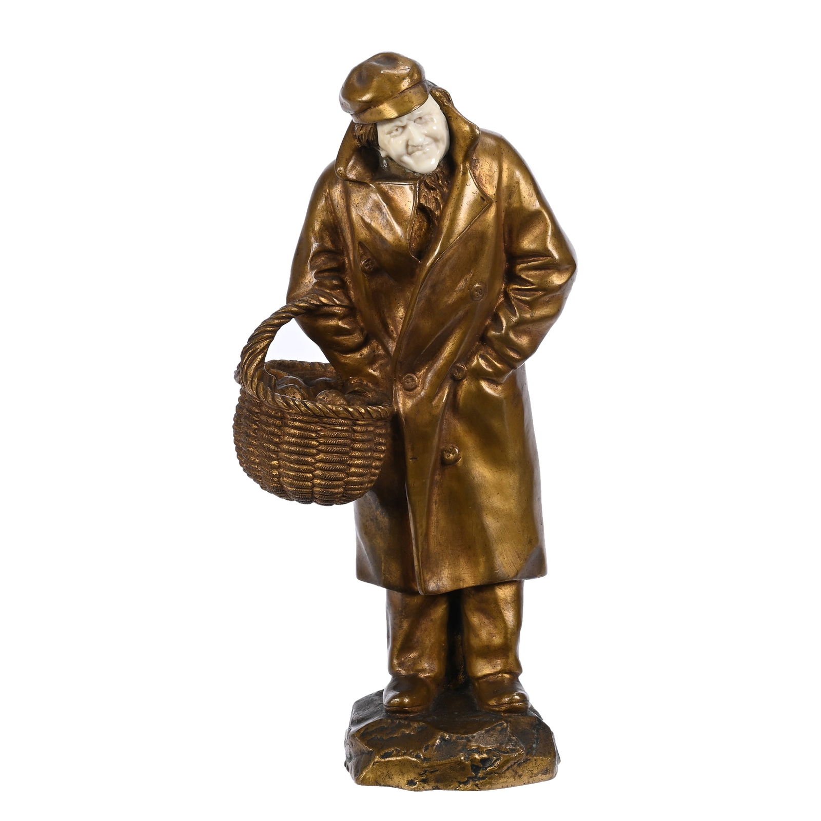 French Bronze Figure, Man In Raincoat Holding Basket (1 of 4)