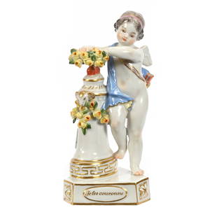 Figurine Marked Meissen #1301 (Blue Crossed Swords): Figurine Marked Meissen #1301 (Blue Crossed Swords), 5.75" x 2.75", Titled "Te Les Couronne", Cherub Holding Wreath Above Two Flaming Hearts, David M. Shaw Collection, Nebraska