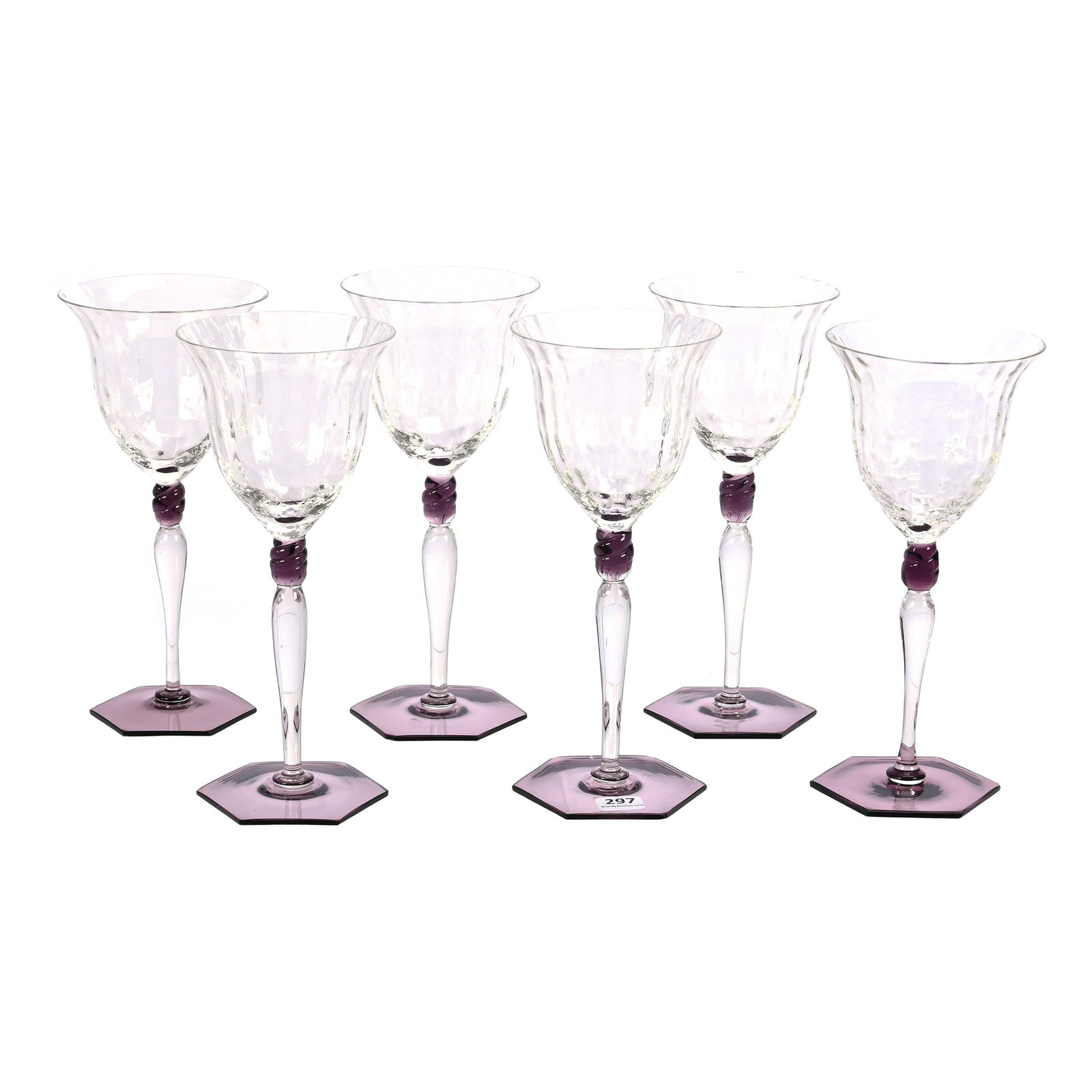 (6) Wine Stems Attributed To Steuben Art Glass: (6) Wine Stems Attributed To Steuben Art Glass, 8.75" x 3.75", Clear Optic Rib Bowl And Stem, Amethyst Swirl Knob And Six-Sided Foot, No Pontil Marks On Base, David M. Shaw Collection, Nebraska UPDATE