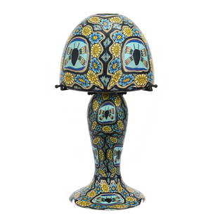 Table Lamp, Contemporary Art Glass: Table Lamp, Contemporary Art Glass, 13.5" x 7", Millefiori Blue And Yellow Design With Insect Medallions, Electrified, Single Light For Shade And Base, Very Unique, Some Layer Chips On Bottom Rim Of S