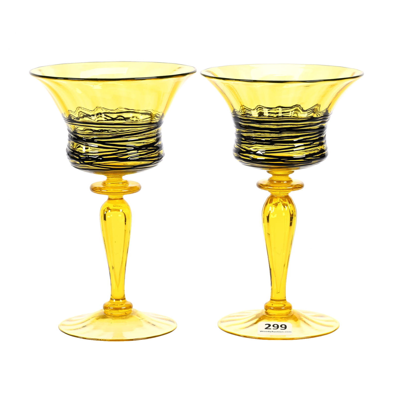 Pair Wine Stems Signed Steuben Art Glass: Pair Wine Stems Signed Steuben Art Glass, 6.5" x 4", Shape #8381, Bristol Yellow With Mirror Black Threading, David M. Shaw Collection, Nebraska