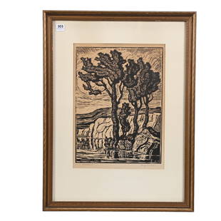 Linocut By Birger Sandzen, "Creekbank", 1932: Linocut By Birger Sandzen, "Creekbank", 1932, 12" x 9", Scene Of Wild Horse Creek, Graham County, Linoleum Cut On Paper Pencil Signed By Birger Sandzen (1871-1954), Frame Size Of 20.5" X 15.5", Kansas