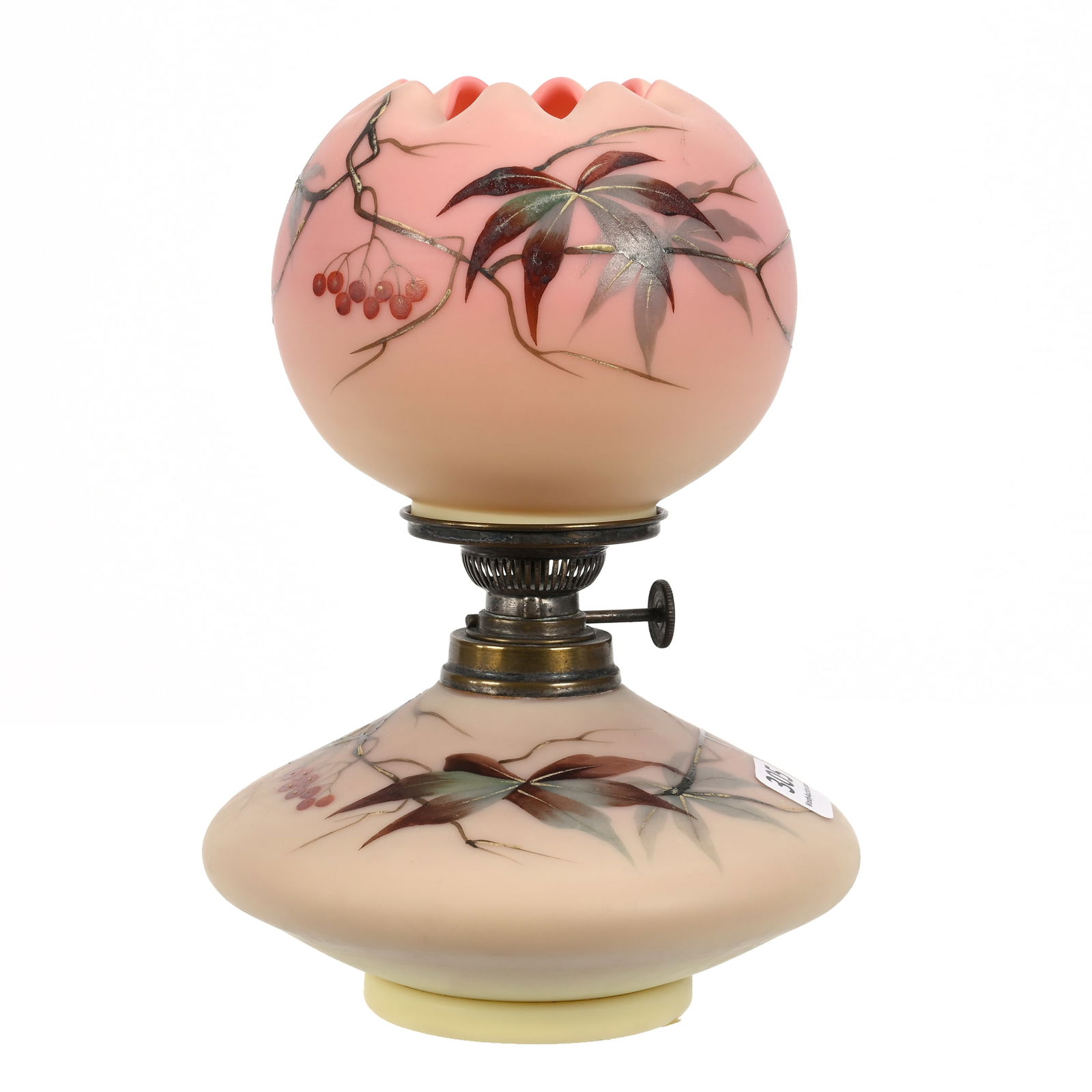 Miniature Kerosene Lamp: Miniature Kerosene Lamp, 7.25" x 5.25", Decorated Queens Burmese Art Glass Signed Thomas Webb & Sons, Branch And Berry Decor, Very Nice, No Chimney, Illinois Private Collection