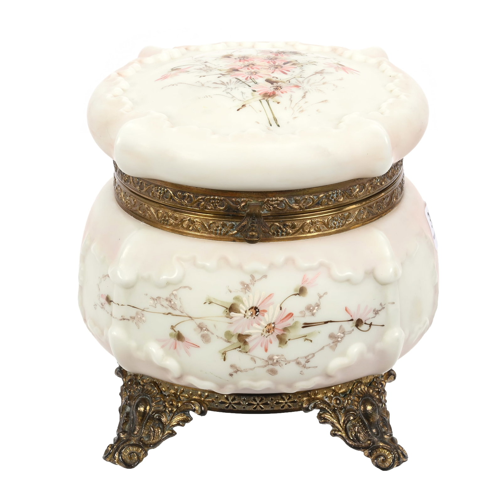 Jewel Box, Wave Crest Stamp Mark: Jewel Box, Wave Crest Stamp Mark, 5.5" x 5.5", Ruffle Mold, Pink And White Tones, Pink Floral Decor, Gilt Metal Fittings, Wendell & Mildred Armstrong Collection, Virginia